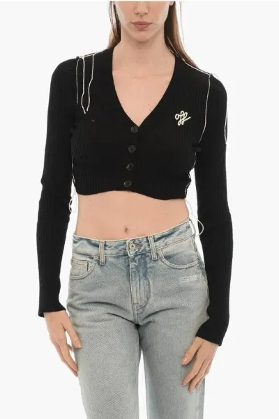 Off-white Seasonal V-neck Ribbed Crop Cardigan In Black