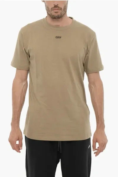 Off-white Slim Fit Crew-neck T-shirt With Embroidered Logo In Brown