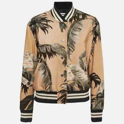 Pre-owned Off-white Tan Leaf Print Velvet Cotton Buttoned Bomber Jacket S