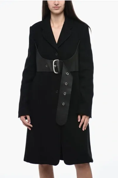 Off-white Wool Blended Flared Coat With Leather Belt In Black