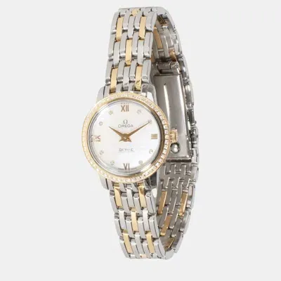 Pre-owned Omega White Diamond 18k Yellow Gold Stainless Steel Deville Prestige 424.25.24.60.55.001 Quartz Women's Wr In Silver