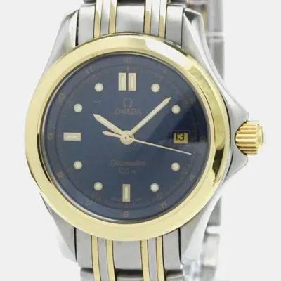 Pre-owned Omega Blue 18k Yellow Gold Stainless Steel Seamaster Quartz Women's Wristwatch 28 Mm