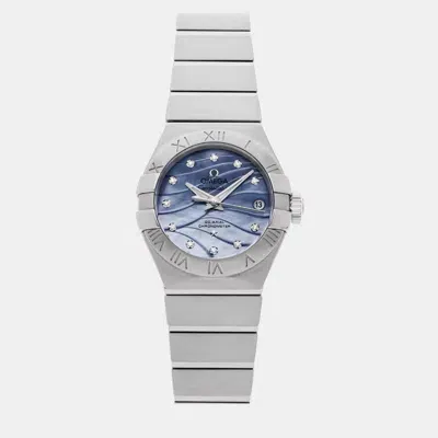 Pre-owned Omega Blue Diamond Mother Of Pearl Stainless Steel Constellation 123.10.27.20.57.001 Automatic Women's Wri