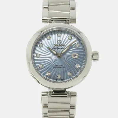 Pre-owned Omega Blue Shell Diamond Stainless Steel De Ville Ladymatic Automatic Women's Wristwatch 34 Mm