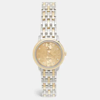 Pre-owned Omega Champagne Diamond 18k Yellow Gold Stainless Steel De Ville Prestige 424.20.27.60.58.002 Women's Wris In Silver