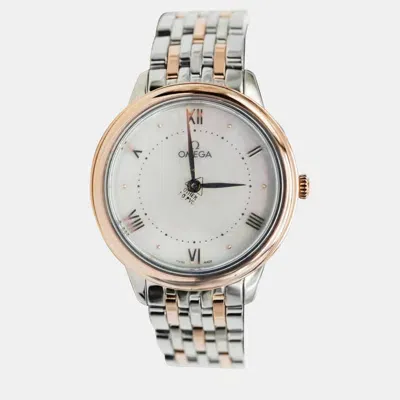 Pre-owned Omega White Mother Of Pearl 18k Rose Gold Stainless Steel Prestige 434.20.30.60.05.001 Quartz Women's Wris