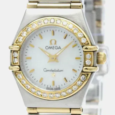 Pre-owned Omega White Shell 18k Yellow Gold Stainless Steel Constellation Quartz Women's Wristwatch 22 Mm