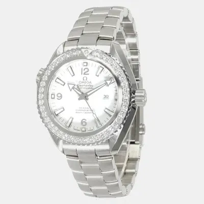 Pre-owned Omega White Stainless Steel Seamaster Planet Ocean Automatic Women's Wristwatch 37.5 Mm