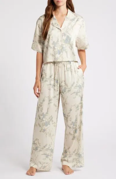 Open Edit Boxy Everyday Satin Pajamas In Ivory Dove- Teal Silo Floral