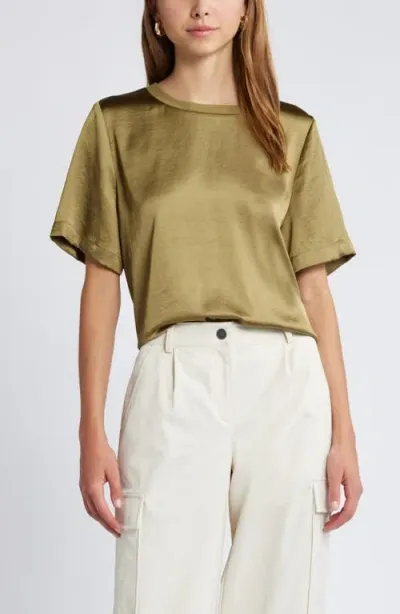 Open Edit Crewneck Satin T-shirt In Olive Brine