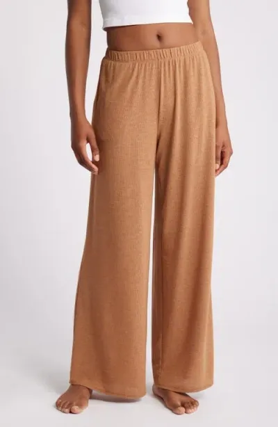 Open Edit Dreamy Rib Wide Leg Pajama Pants In Tan Thrush Heather