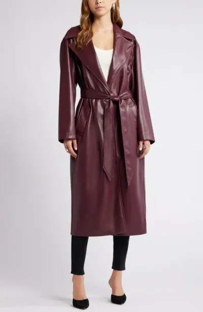 Open Edit Faux Leather Trench Coat In Burgundy Field