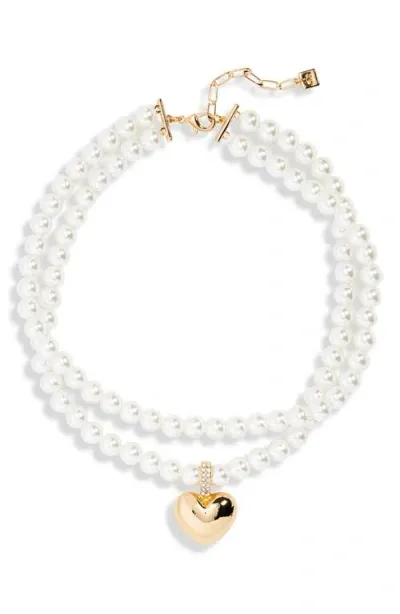 Open Edit Imitation Pearl Layered Heart Charm Necklace In White- Gold