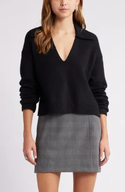 Open Edit Johnny Collar Boxy Crop Sweater In Black