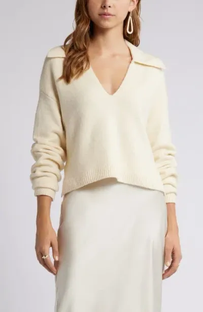 Open Edit Johnny Collar Boxy Crop Sweater In Ivory Dove