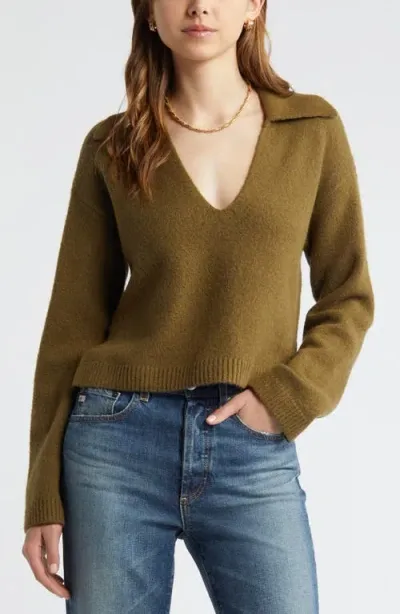 Open Edit Johnny Collar Boxy Crop Sweater In Olive Brine