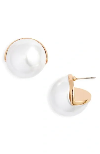 Open Edit Jumbo Imitation Pearl Button Stud Earrings In White- Gold