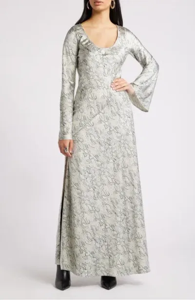 Open Edit Long Sleeve Bias Cut Satin Maxi Dress In Green- Ivory Morph Snake