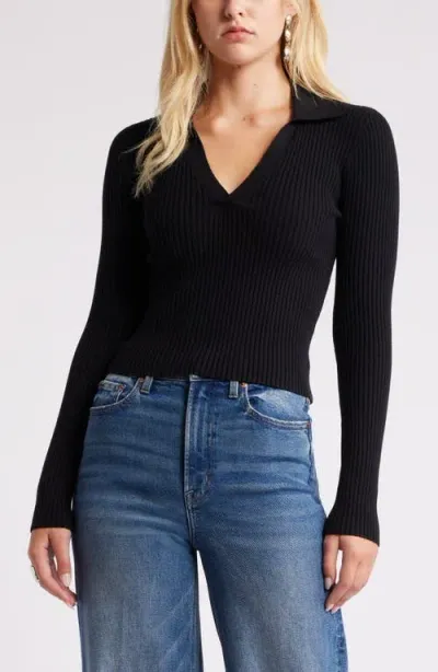 Open Edit Luxe Sculpt Rib Polo Sweater In Black