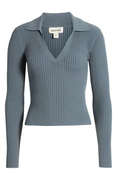 Open Edit Luxe Sculpt Rib Polo Sweater In Blue Weather