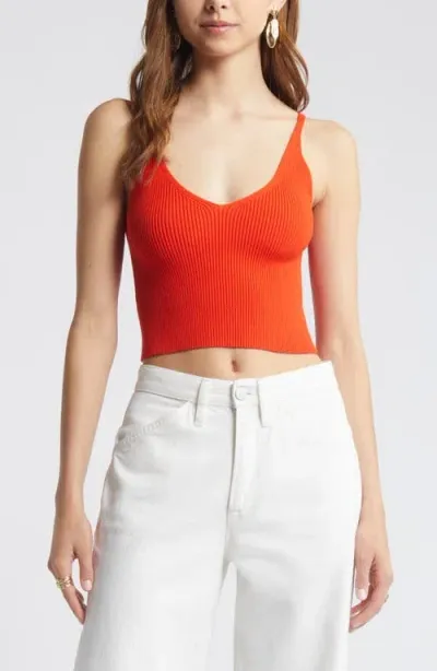 Open Edit Luxe Sculpt V-neck Crop Rib Tank In Red Poinciana