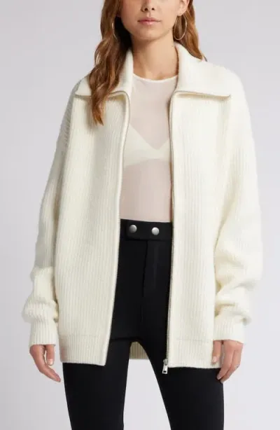 Open Edit Oversize Rib Zip Sweater In Ivory Dove