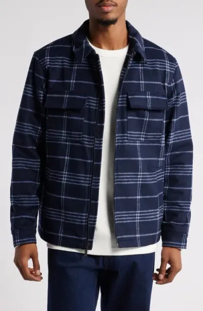 Open Edit Plaid Flannel Zip-up Shirt Jacket In Navy- Grey Grid Plaid