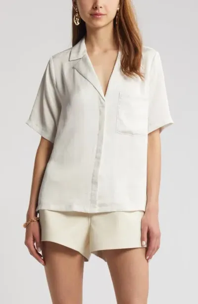 Open Edit Relaxed Satin Camp Shirt In Ivory Cloud