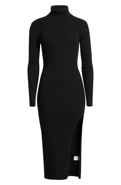 Open Edit Rib Long Sleeve Turtleneck Sweater Dress In Black