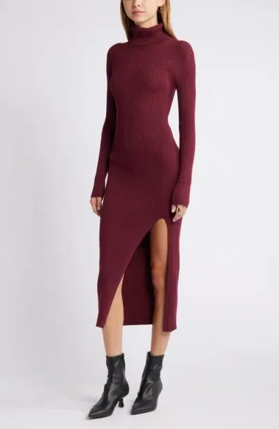 Open Edit Rib Long Sleeve Turtleneck Sweater Dress In Burgundy Field