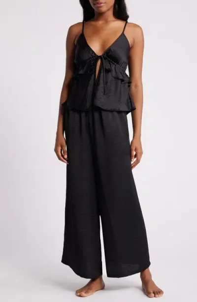 Open Edit Ruffle Tie Front Crop Wide Leg Satin Pajamas In Black