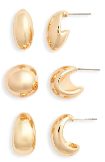 Open Edit Set Of 3 Puffy Hoop Earrings In Gold