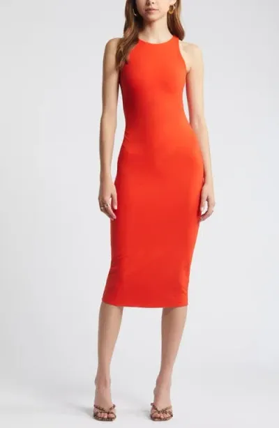 Open Edit Smooth Edit Sleeveless Body-con Midi Dress In Red Poinciana