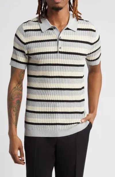 Open Edit Texture Stitch Polo Sweater In Grey Heather Beige Stripe