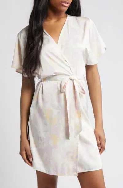 Open Edit Tie Waist Short Satin Robe In Ivory Egret Sky Floral