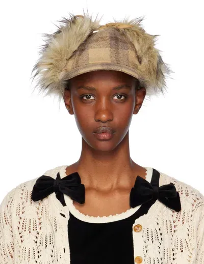 Open Yy Beige Tartan Faux Fur Earflap Cap