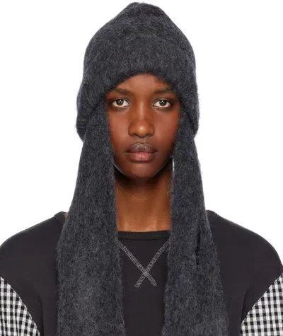 Open Yy Gray Mohair Scarf Beanie In Charcoal