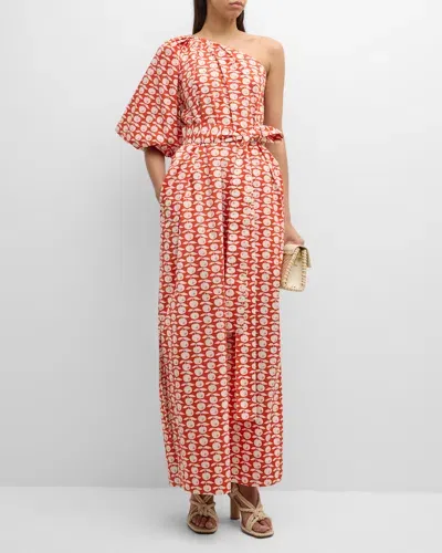 Oroton One-shoulder Apple-print Column Maxi Dress In Poppy