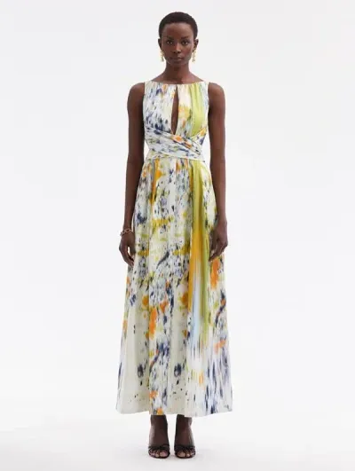 Oscar De La Renta Abstract Brushstroke Cotton Raso Dress In Citrine Multi