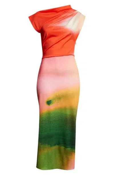 Oscar De La Renta Abstract Watercolor One Shoulder Jersey Midi Dress In Vermillion Multi