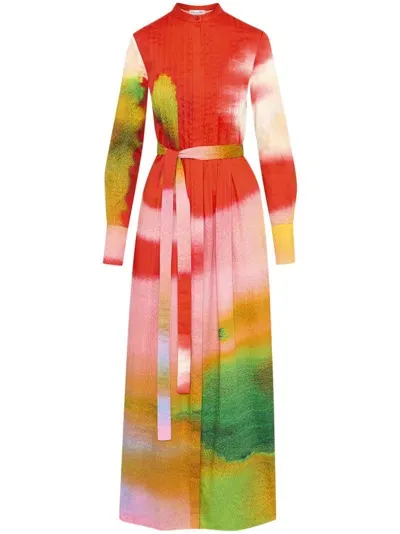 Oscar De La Renta Abstract Watercolor-print Kaftan Dress In Red