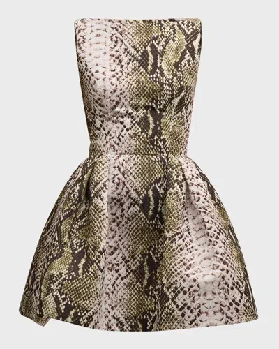 Oscar De La Renta Bateau-neck Snake-print Faille Sleeveless Mini Dress In Olive