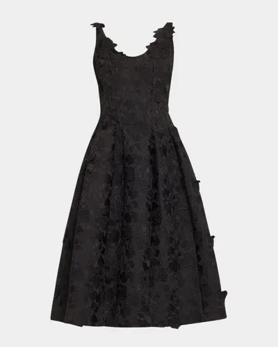 Oscar De La Renta Bonded Orchids Guipure Midi Dress In Black