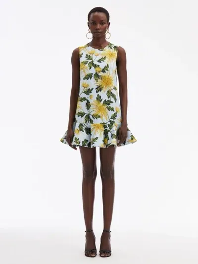 Oscar De La Renta Chrysanthemum Cotton Cloque Dress In Yellow/light Blue