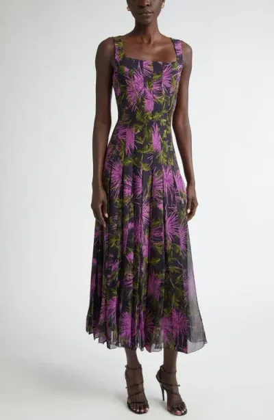 Oscar De La Renta Chrysanthemum Print Paneled Midi Dress In Purple/navy