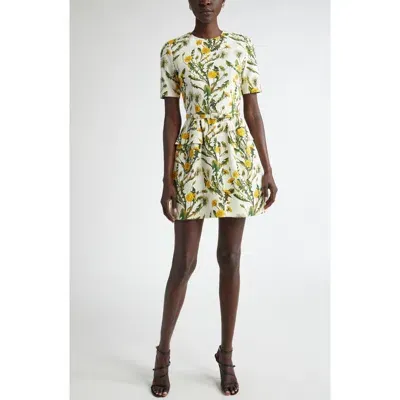 Oscar De La Renta Dandelion Print Cotton Blend Cloqué Belted Dress In Yellow/ivory