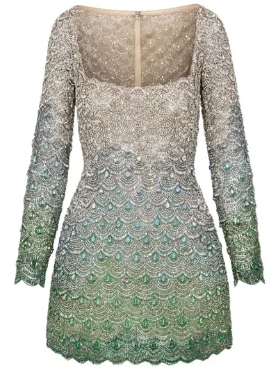 Oscar De La Renta Embroidered Crystal Mini Dress In Silver