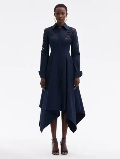 Oscar De La Renta Fern Cutout Cotton Twill Dress In Navy