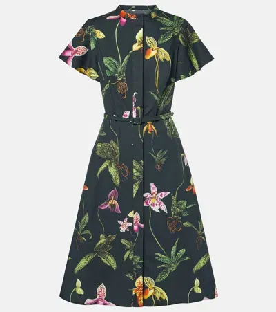 Oscar De La Renta Floral Cotton-blend Midi Dress In Blue