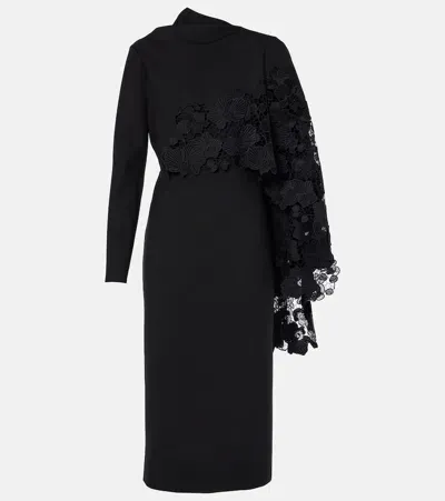 Oscar De La Renta Floral Guipure Wool Midi Dress In Schwarz